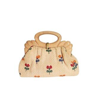 1930s Deco Vintage Tan Flowered Fabric Handbag With A Carved Wood Handle Paris